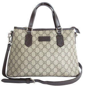 Gucci 2way Handbag Crossbody GG Supreme Leather Beige Brown Silver